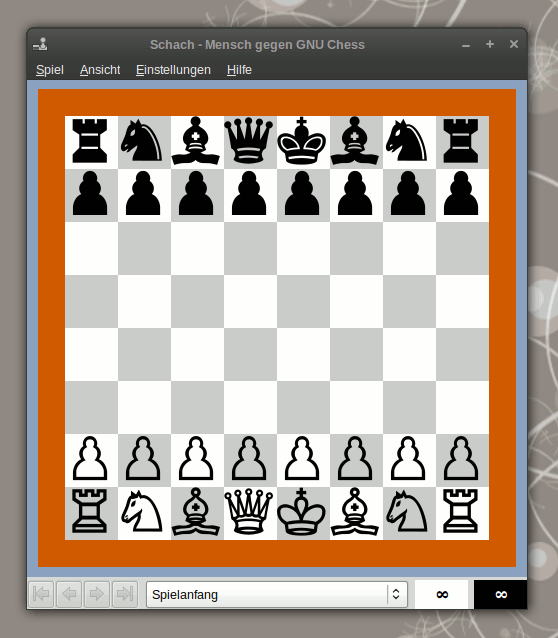 Die Vorlage für den Vergleich: ein Screenshot des GNOME-Schachprogramms mit der Grundstellung auf orangefarbenem Brett, 68966 Bytes
