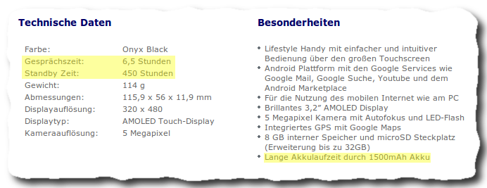 Von O2 beworbene Akkulaufzeit