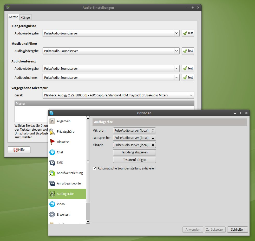 Der GNOME-Dialog Audio-Einstellungen, in dem überall PulseAudio-Soundserver ausgewählt ist, davor die Skype-Optionen mit PulseAudio server (local) für Mikrofon, Lautsprecher und Klingeln