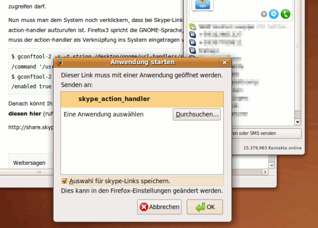 Firefox sagen den skype-action-handler zu verwenden