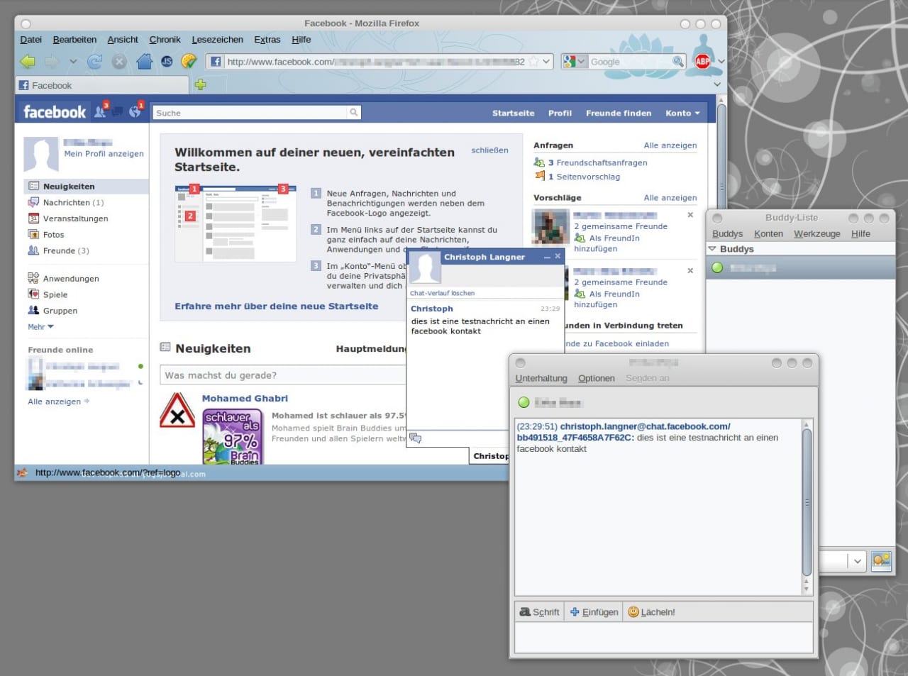 Facebook im Firefox, daneben dieselbe Unterhaltung in Pidgin über ein XMPP-Konto auf chat.facebook.com