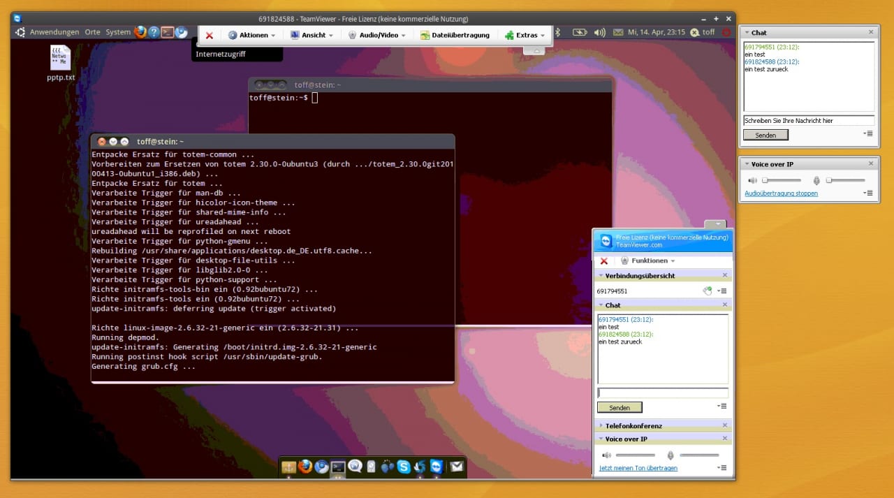 Ein per TeamViewer ferngesteuerter Ubuntu-Desktop mit laufender Paketinstallation, rechts die Fenster für Chat und Voice over IP