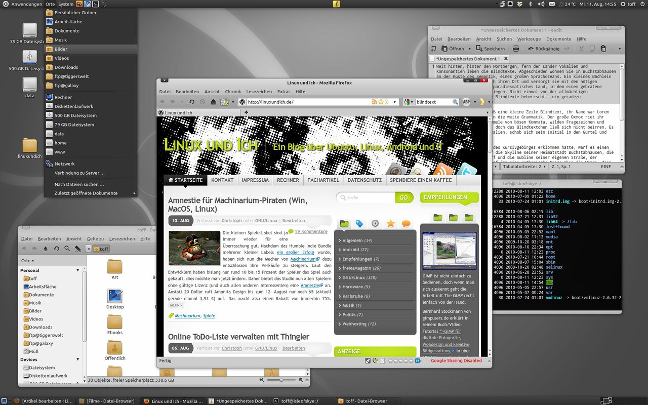 Ubuntu-Desktop mit geöffnetem Anwendungsmenü, Firefox auf der Startseite von Linux und Ich, gedit, Nautilus und einem Terminal