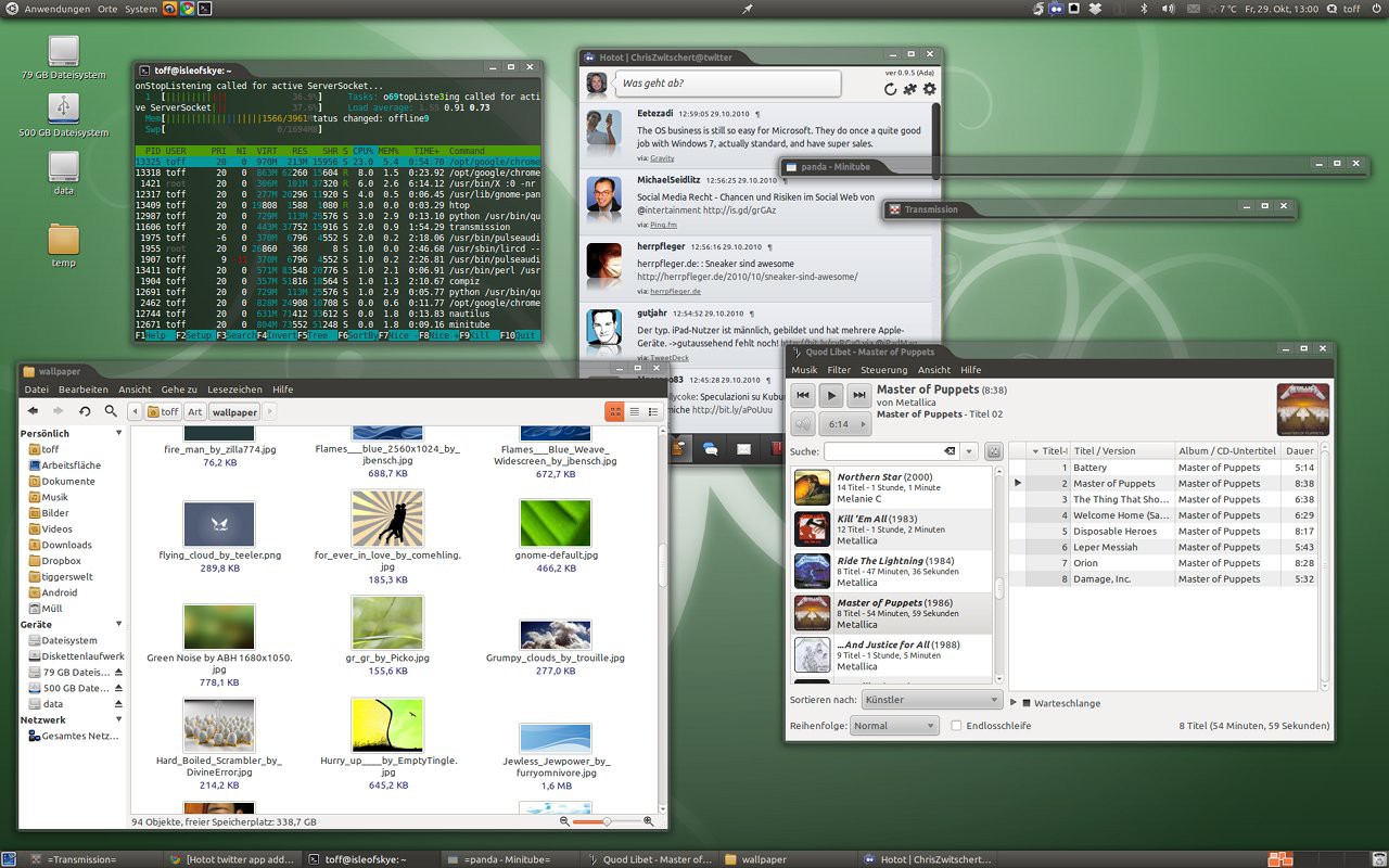 GNOME-Desktop mit dem Ordinance-Fensterrahmen und Faenza-Icons: Terminal mit htop, Hotot, Nautilus mit Wallpapern und Quod Libet mit einem Metallica-Album