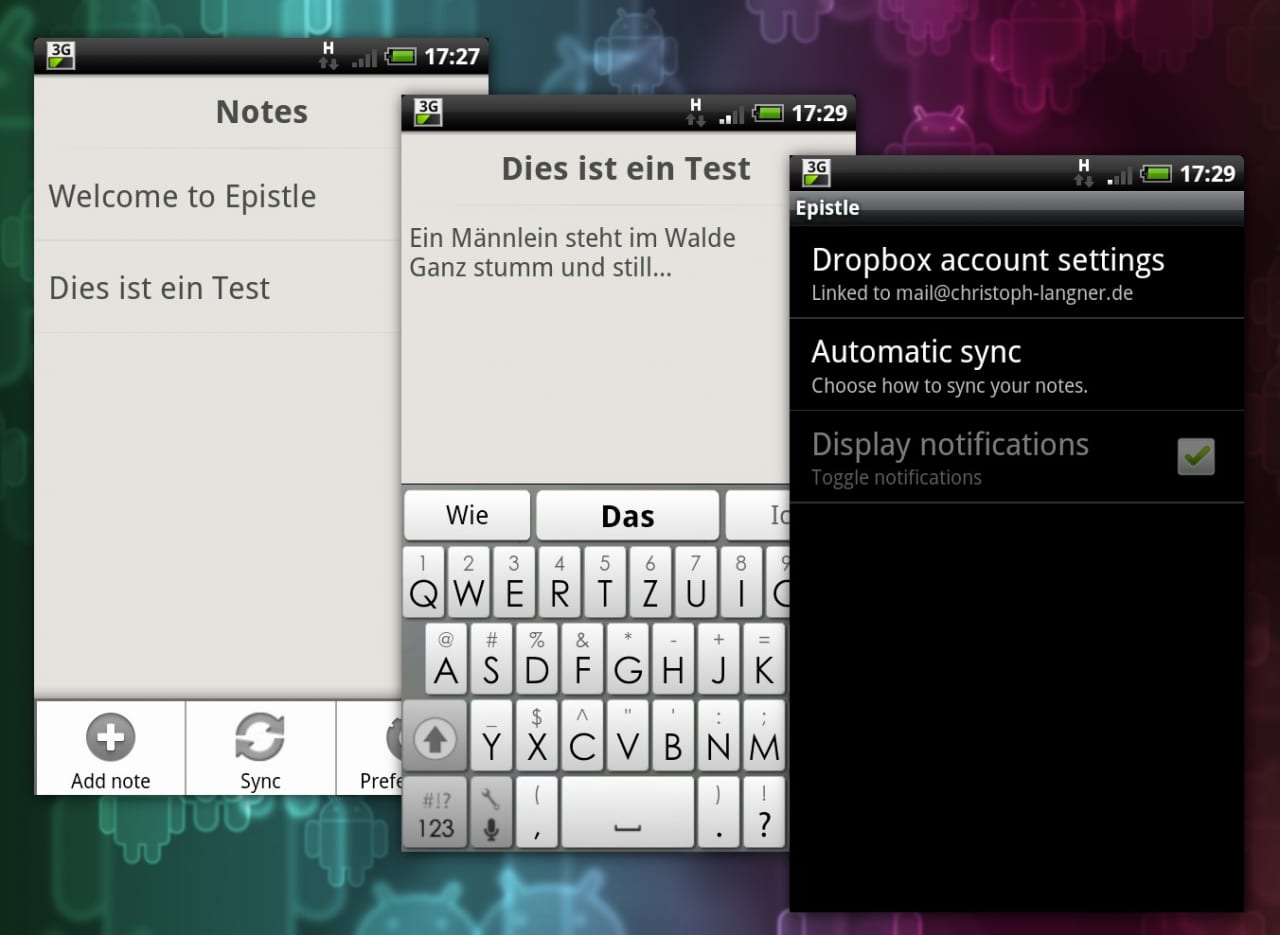Drei Epistle-Bildschirme: die Notizliste, eine geöffnete Notiz mit eingeblendeter Tastatur und die Einstellungen mit dem verknüpften Dropbox-Konto