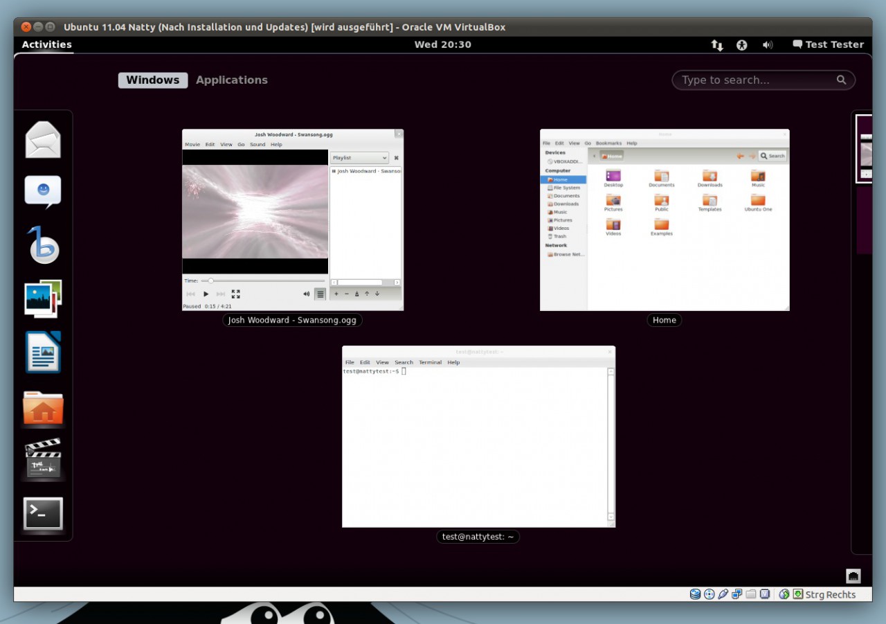 Die Aktivitäten-Übersicht von GNOME 3 mit den Miniaturen der geöffneten Fenster