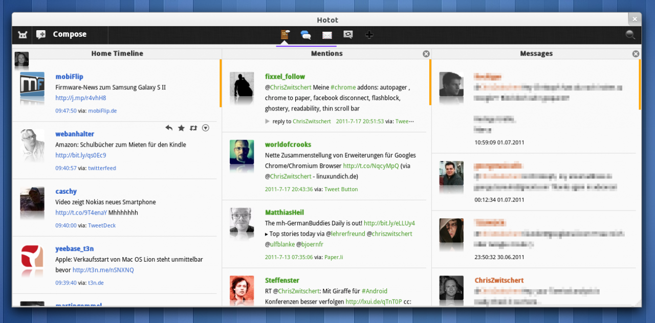 Hotot mit drei Spalten nebeneinander: Home Timeline, Mentions und Messages