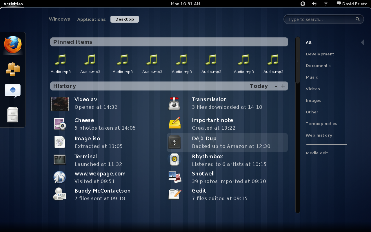 Das GNOME Activity Journal mit angehefteten Dateien oben und einer nach Uhrzeit sortierten Verlaufsliste darunter