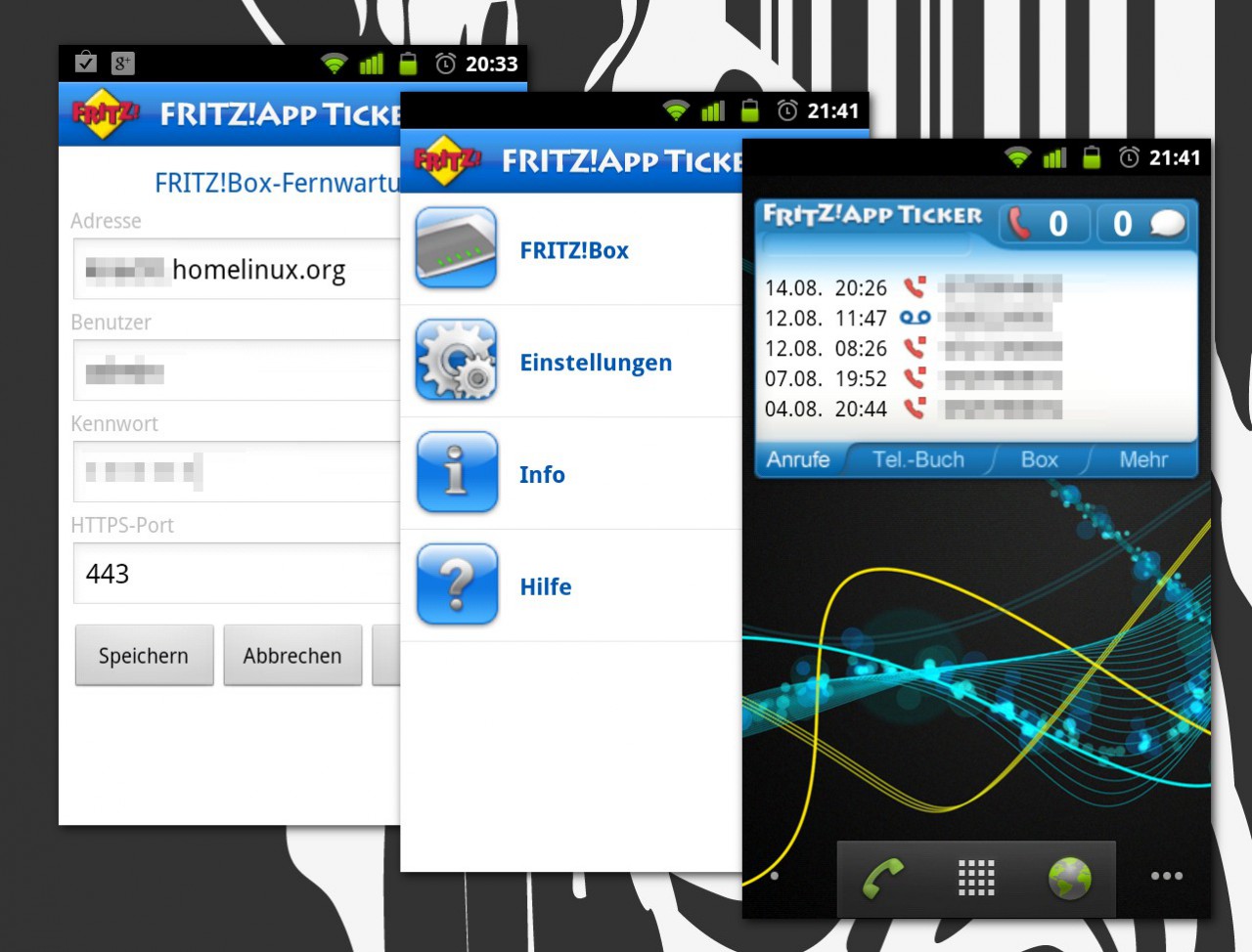 Zwei Android-Bildschirmfotos: links die Zugangsdaten des FRITZ!App Ticker, rechts die Liste der verpassten Anrufe