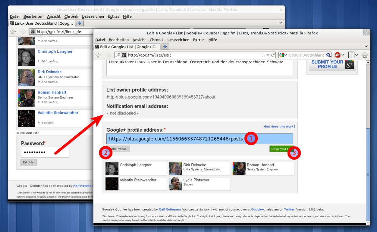 Das Formular zum Eintragen in die Liste, rote Markierungen zeigen auf das Passwortfeld und auf das Feld für die Google+-Profiladresse