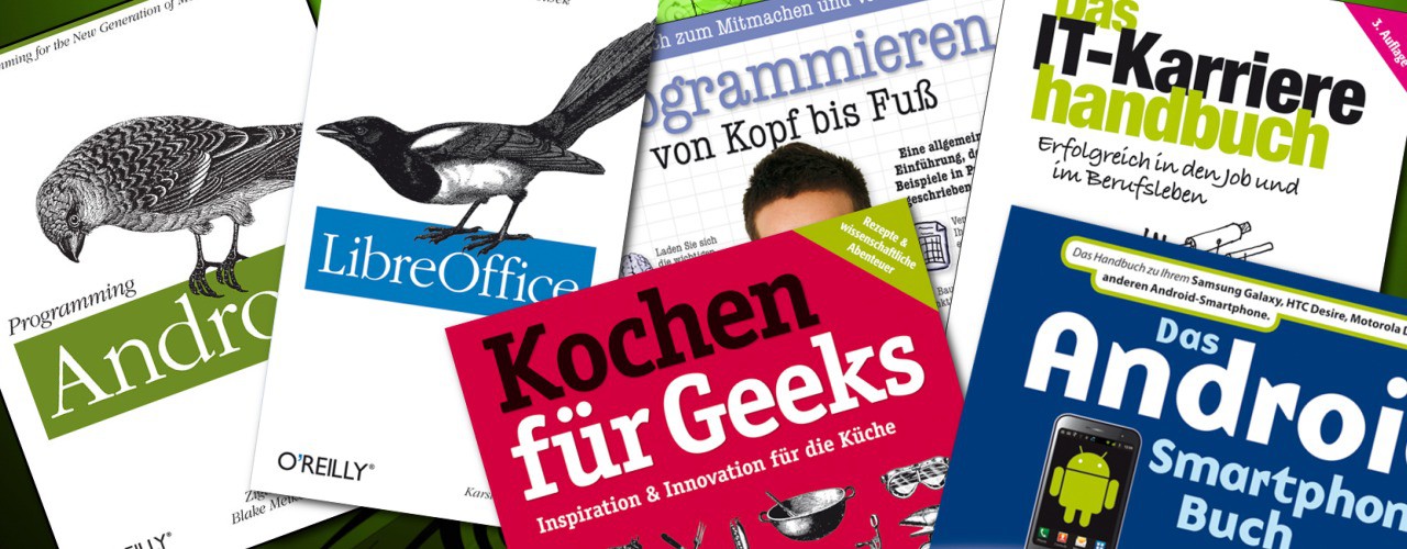 Fünf aufgefächerte Buchcover von O'Reilly, darunter Programming Android, LibreOffice und Kochen für Geeks