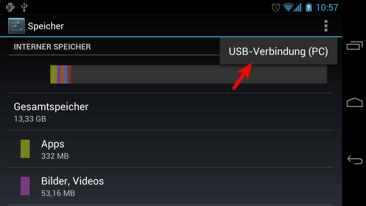 Speichereinstellungen unter Android 4.0, ein roter Pfeil zeigt auf den Menüpunkt