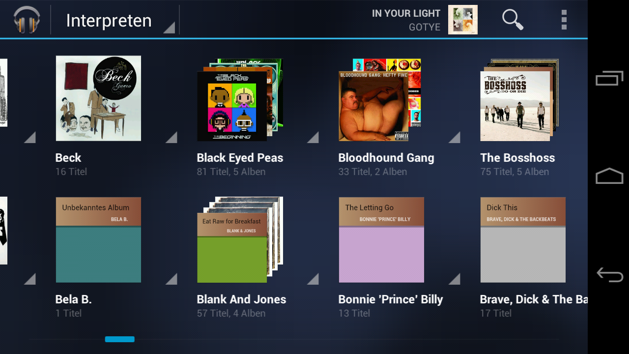 Die Google-Music-App zeigt für mehrere Interpreten statt eines Covers nur ein farbiges Rechteck mit Textlabel