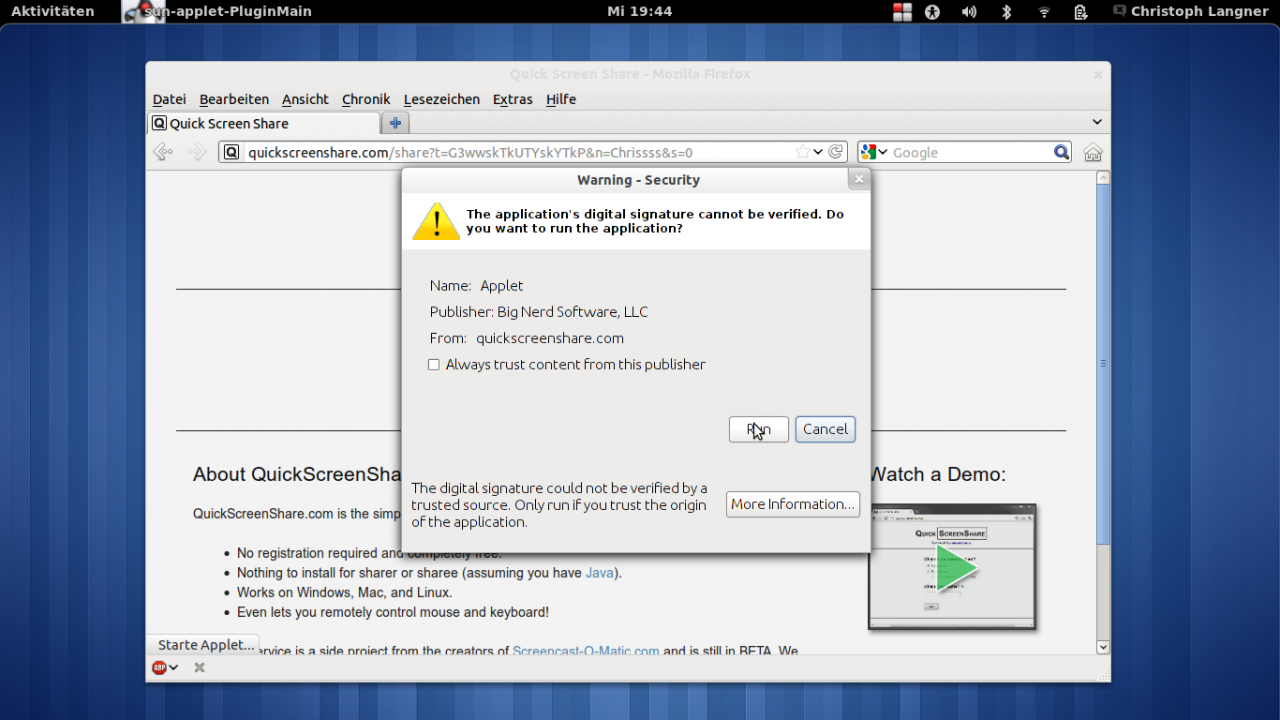 Sicherheitsabfrage von Java, ob das Applet von quickscreenshare.com ausgeführt werden darf