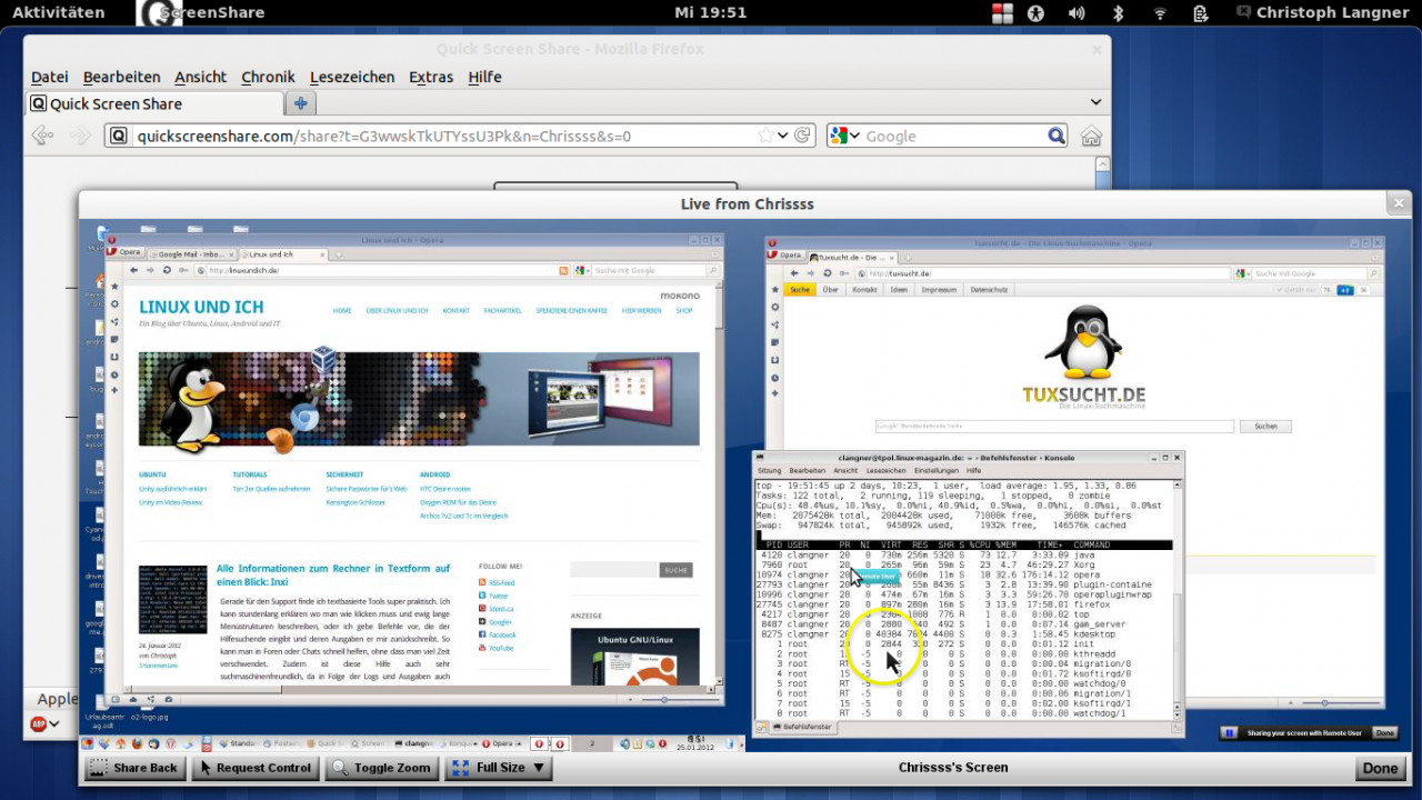 Ein übertragener Dual-Screen-Desktop im Fenster von QuickScreenShare mit Browser und Terminal des Gegenübers