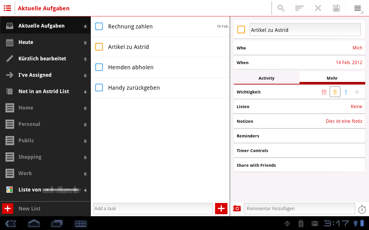 Astrid 4.0 auf einem Android-Tablet: links die Listen, in der Mitte die Aufgaben, rechts die Details einer ausgewählten Aufgabe