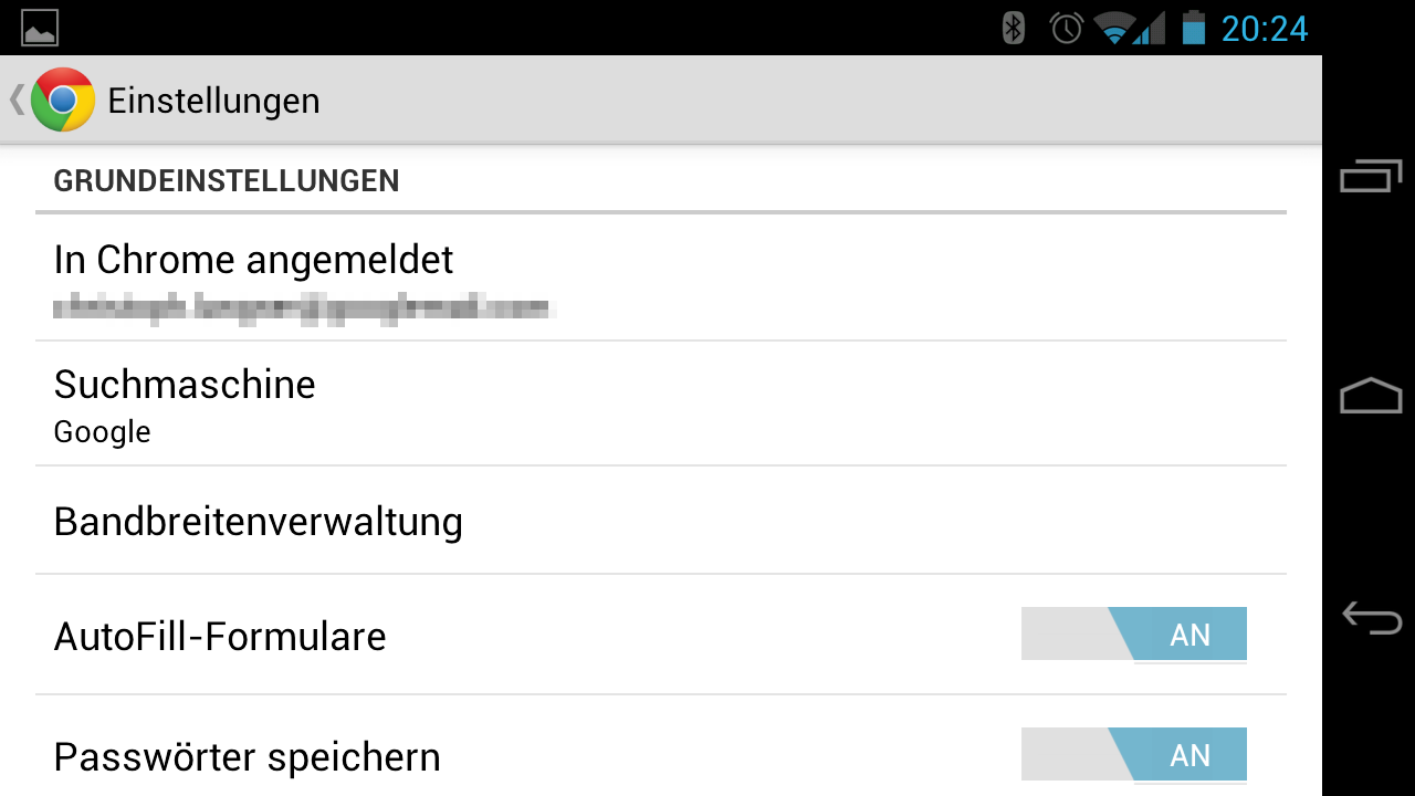 Einstellungen von Chrome für Android mit Suchmaschine, Bandbreitenverwaltung, AutoFill und Passwortspeicher