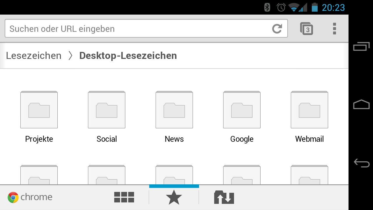 Die vom Desktop synchronisierten Lesezeichen in Chrome für Android, als Raster aus Ordnern im Querformat