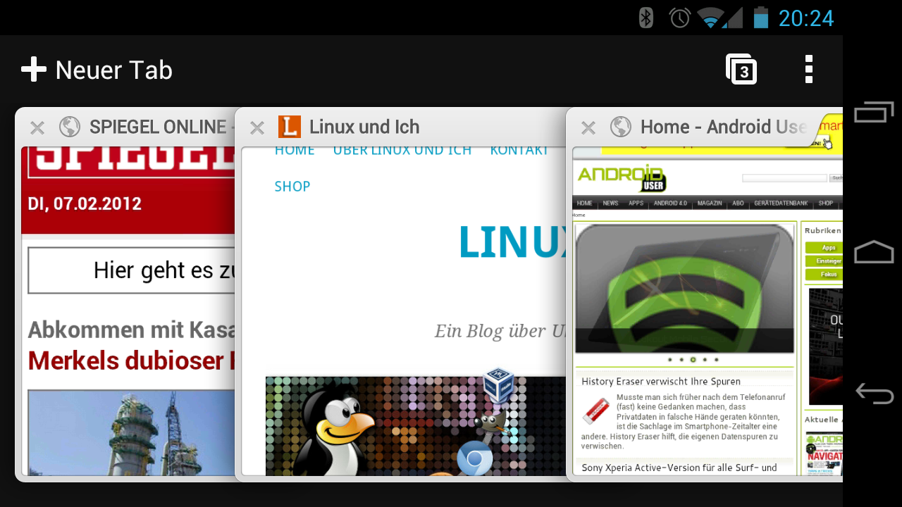 Die Tab-Übersicht von Chrome für Android mit drei nebeneinander liegenden Seitenvorschauen
