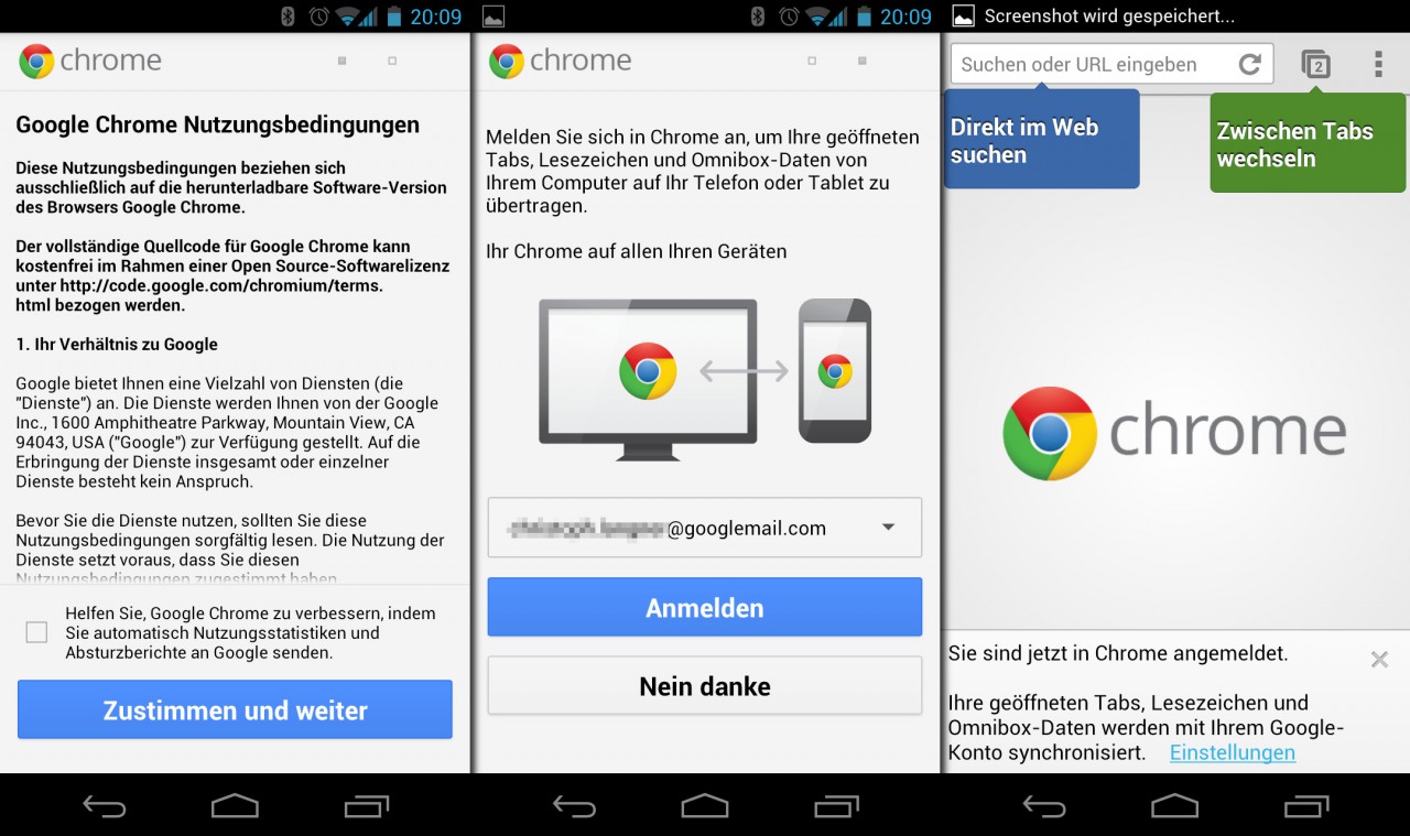Drei Android-Screenshots beim ersten Start von Chrome: Nutzungsbedingungen, Anmeldung mit dem Google-Konto und die Einführung in die Tab-Bedienung