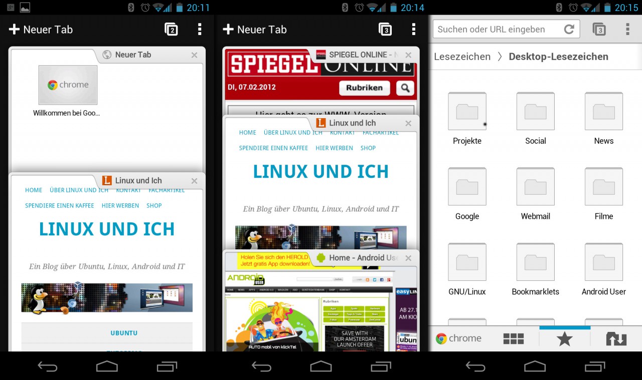 Drei Android-Screenshots von Chrome: die Tab-Übersicht als gestapelte Karten, mehrere geöffnete Seiten und die Desktop-Lesezeichen als Ordnerraster