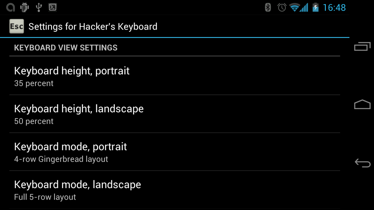Einstellungen des Hacker's Keyboard mit getrennten Werten für Tastaturhöhe und Layout in Hoch- und Querformat