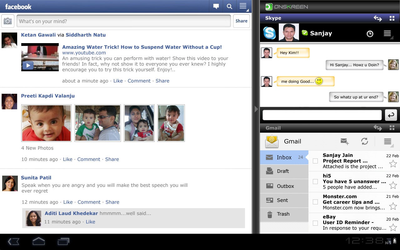 Ein Android-Tablet mit Cornerstone: links Facebook im Vollbild, rechts daneben Skype und Gmail in zwei schmalen Spalten