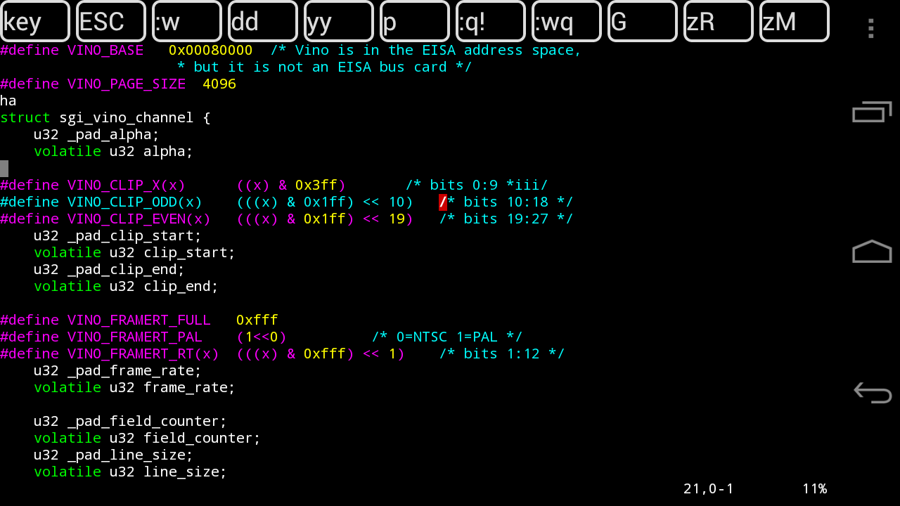 Vim Touch auf einem Android-Gerät mit syntaxgefärbtem C-Quelltext und einer Tastenleiste für ESC, :w, dd und yy