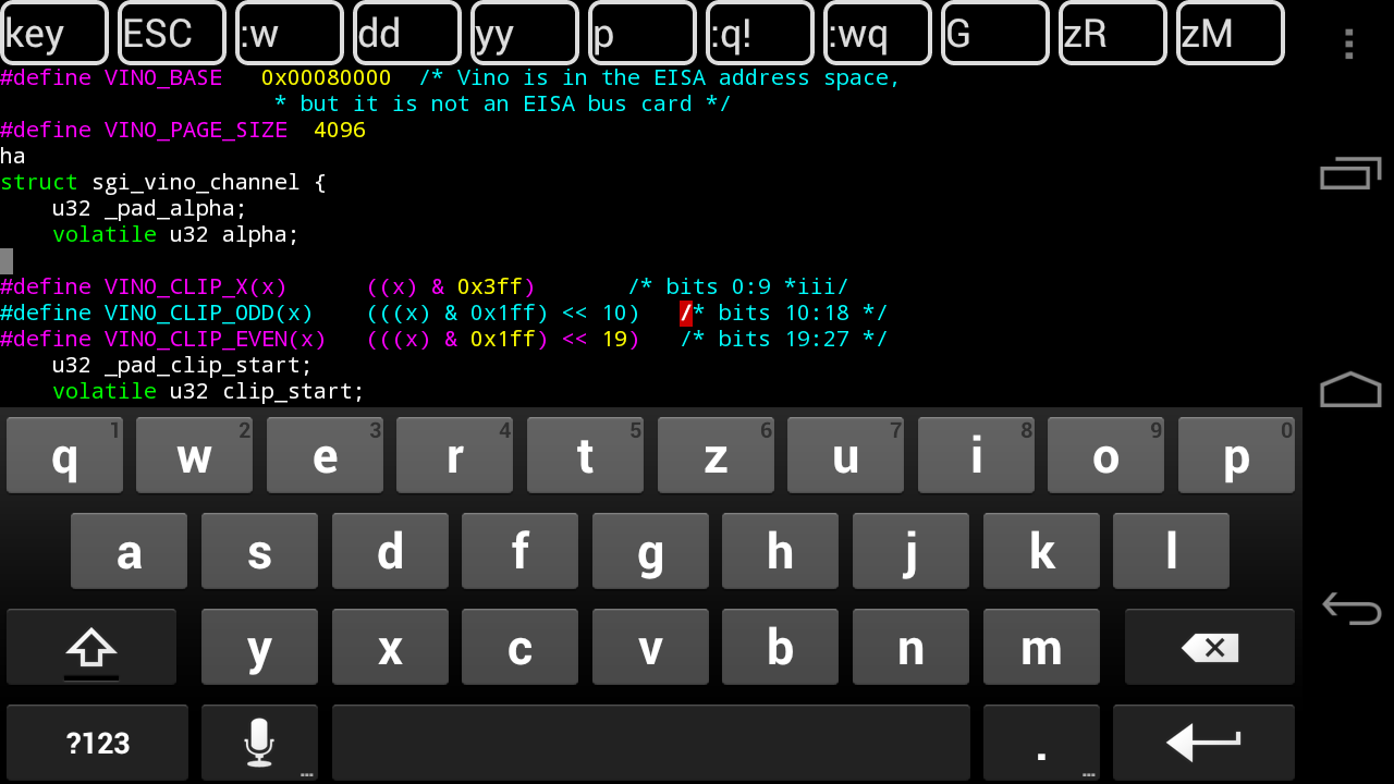 Vim Touch mit eingeblendeter Bildschirmtastatur, darüber die Befehlsleiste und der Quelltext