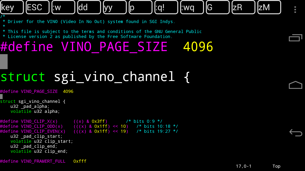 Vim Touch nach einem langen Druck auf eine Zeile: der Text ist stark vergrößert, darunter die normale Ansicht