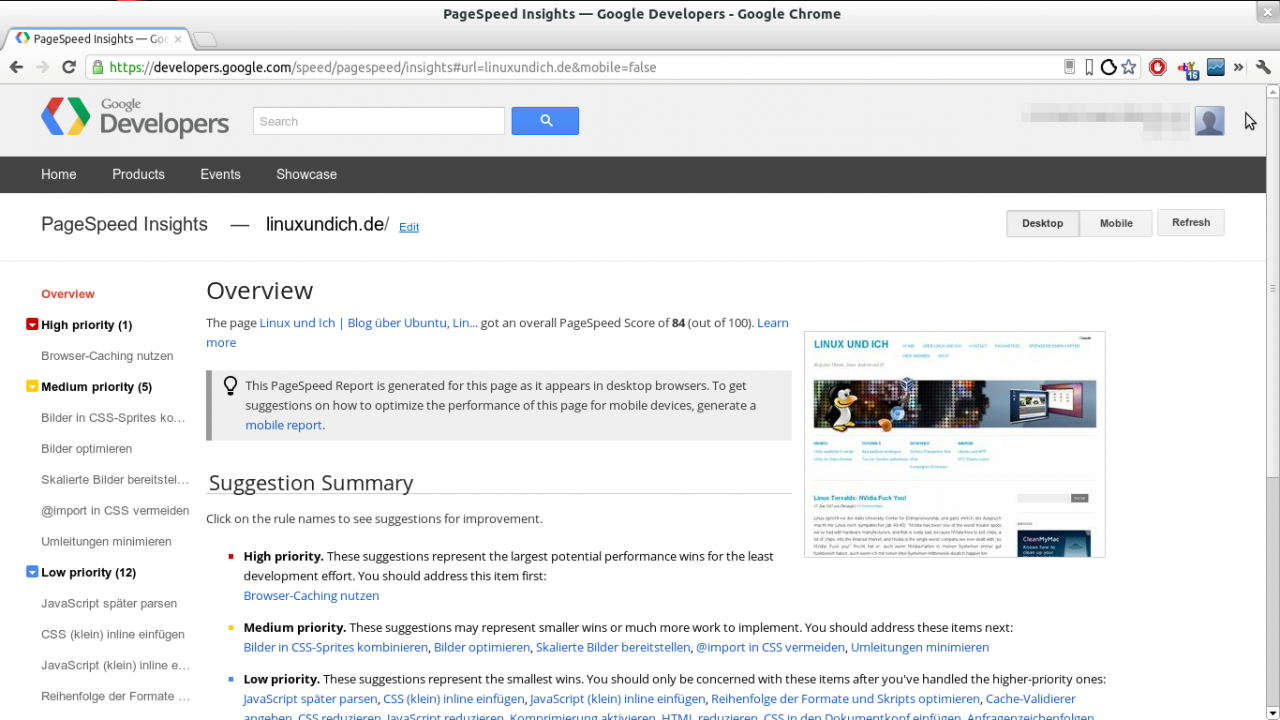 Google PageSpeed Insights für linuxundich.de mit einem Score von 84 und den nach Priorität sortierten Empfehlungen