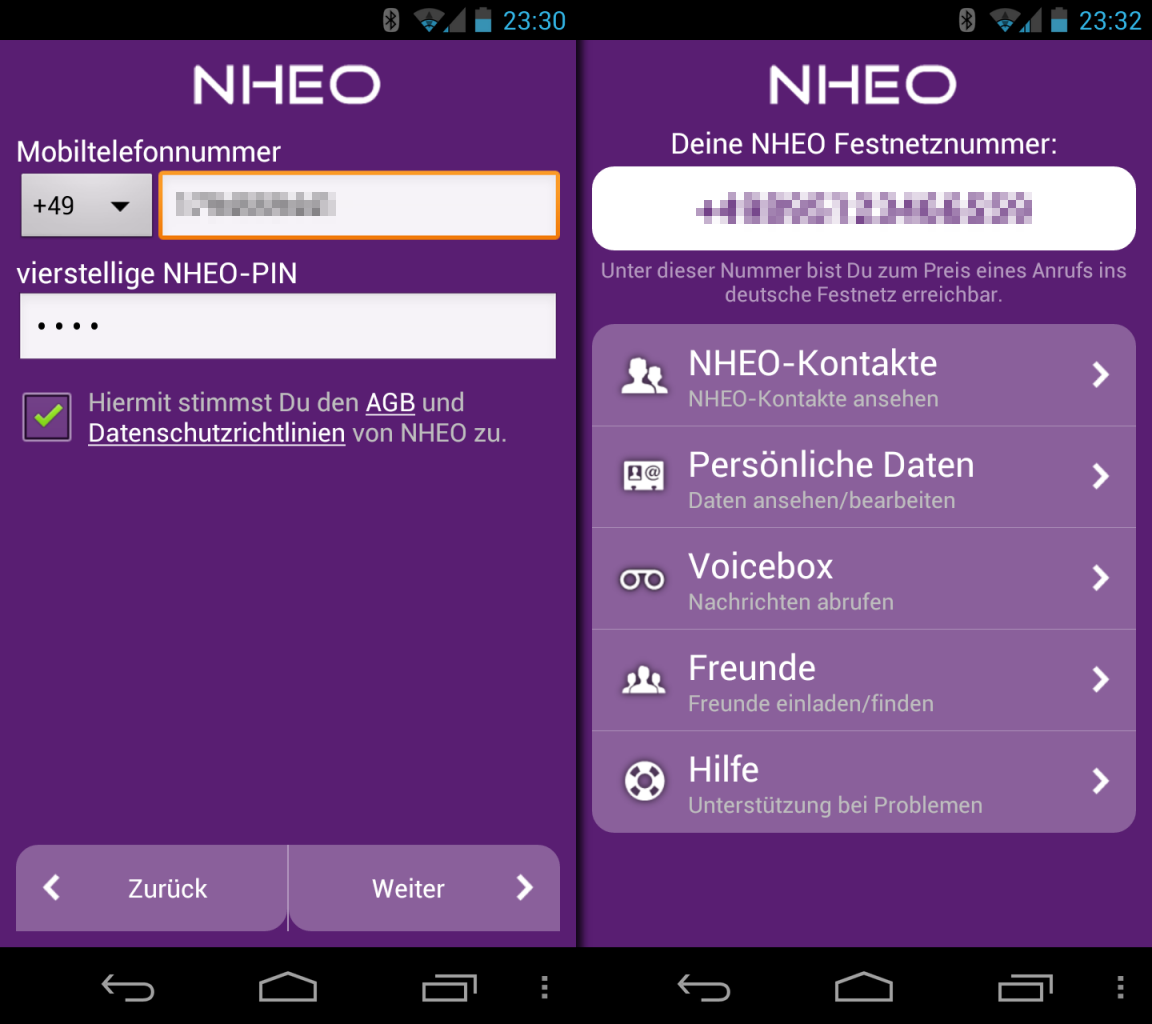 NHEO unter Android, links die Anmeldung mit Mobilnummer und PIN, rechts das Menü mit der zugeteilten Festnetznummer
