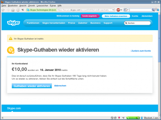 Nach 180 Tagen Inaktivität abgelaufenes Skype-Guthaben wieder