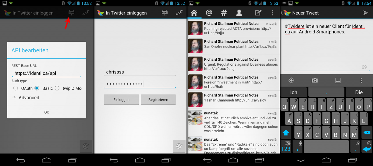 Vier Android-Screenshots: API-Einstellungen für Identi.ca, Anmeldung, Timeline und das Verfassen eines neuen Beitrags in Twidere