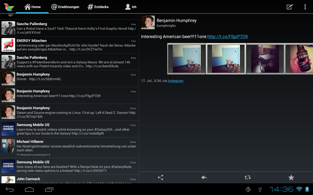 Twidere auf einem Android-Tablet, links die Timeline und rechts ein einzelner Tweet mit Bildern