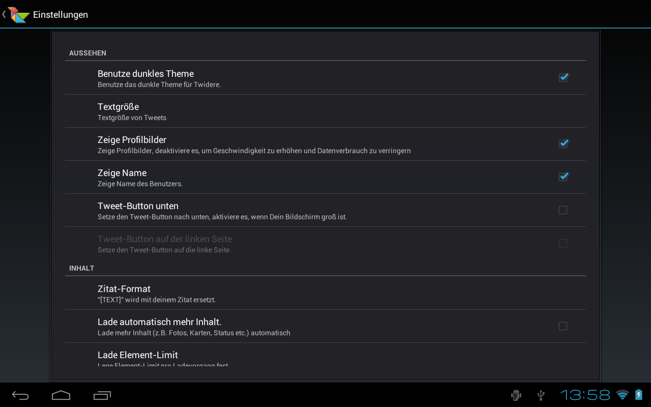 Einstellungen von Twidere auf dem Tablet mit Optionen zu Aussehen und Inhalt