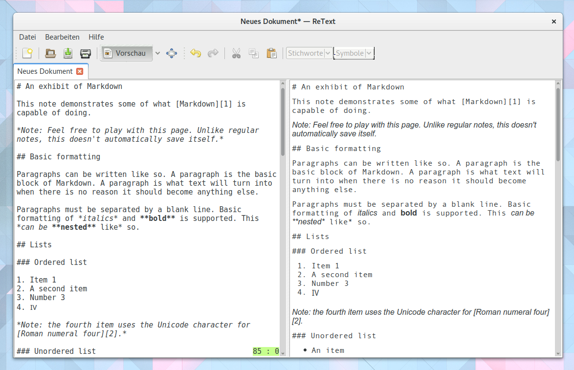 Markdown-Editor ReText mit Live-Vorschau