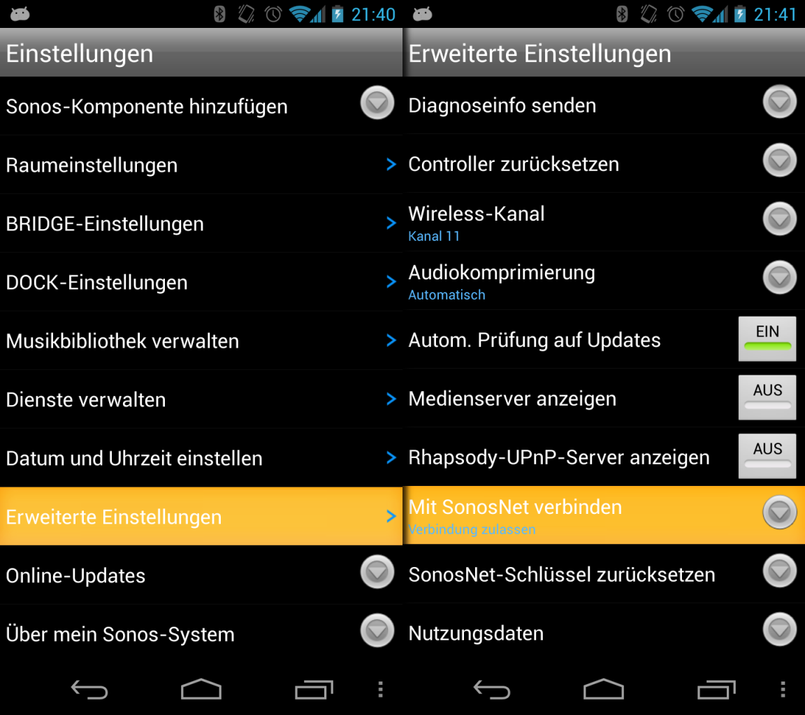 Übertragt die Zugangsdaten zum SonosNet über die erweiterten Einstellungen ins Handy.