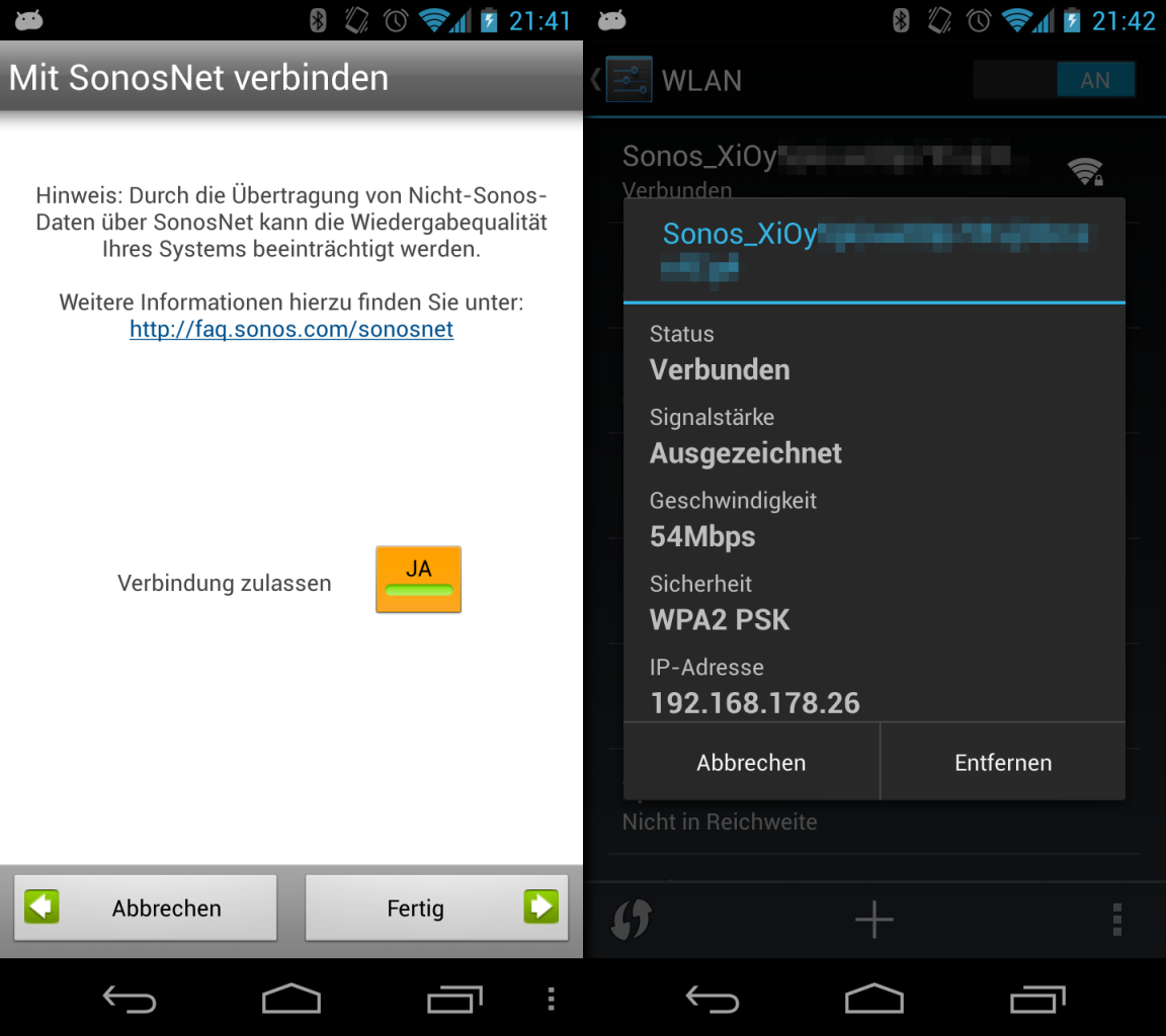 Unter Android lässt sich die Nutzung des SonosNet sehr einfach einrichten.