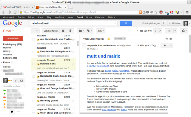 Über rss2email zugestellte Feeds in Gmail.
