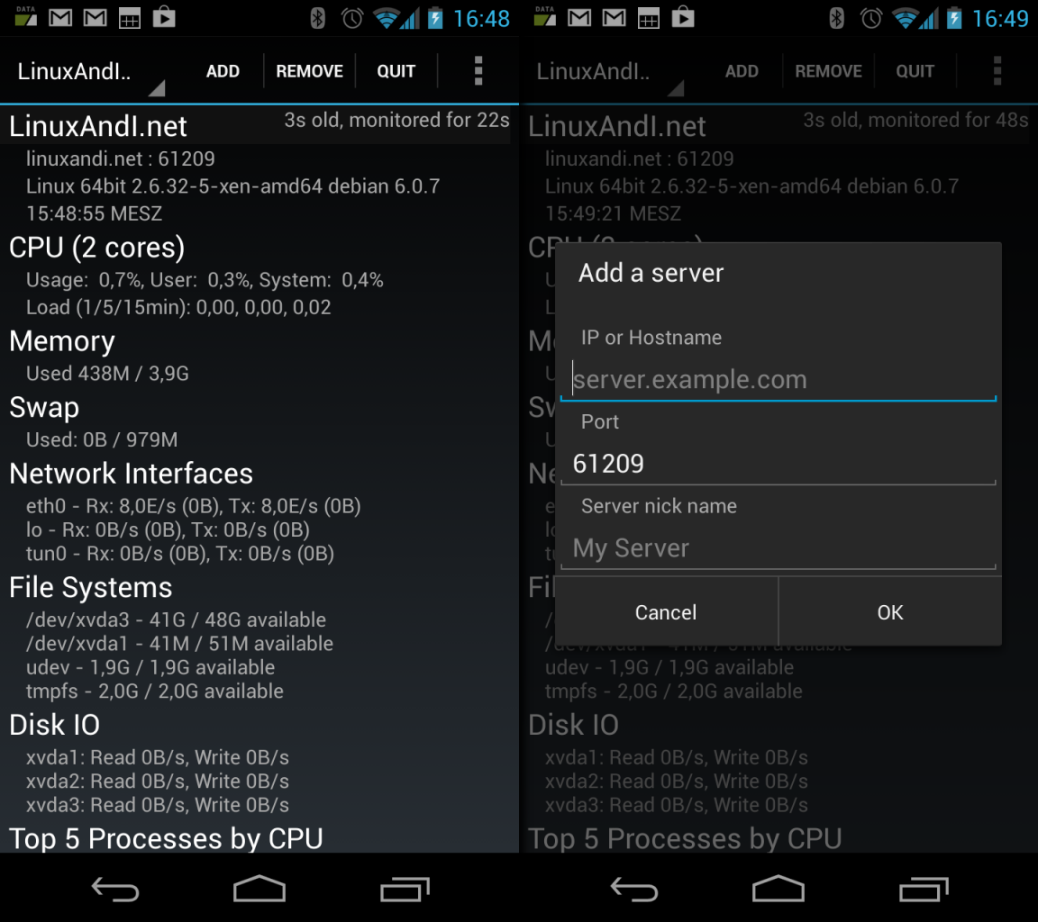 Glances für Android ruft die Daten über das im Server-Modus gestartete Glances-Skript ab.