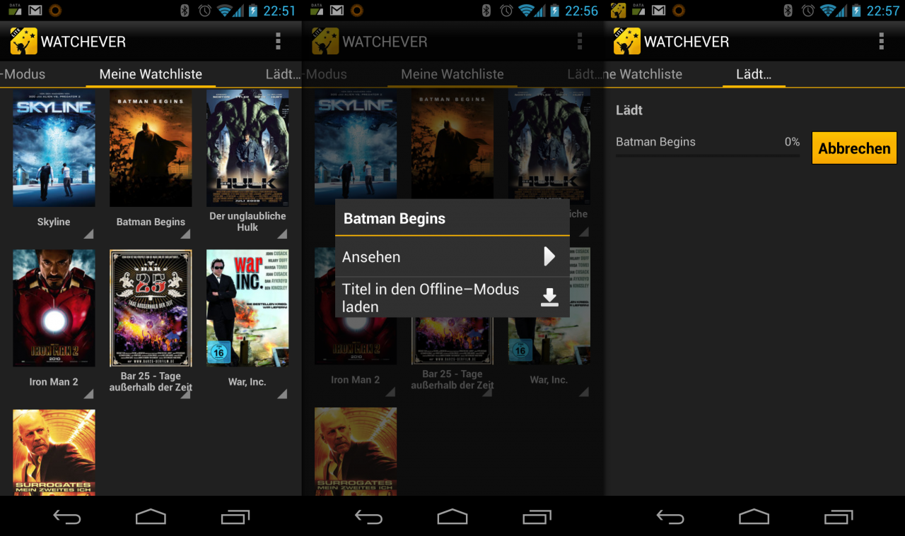 Watchever Light auf einem gerooteten Galaxy Nexus.