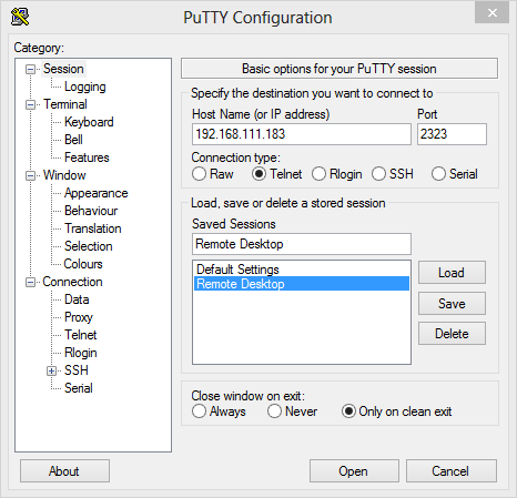 In PuTTY müsst ihr Telnet als Verbindung und Port 2323 eintragen.