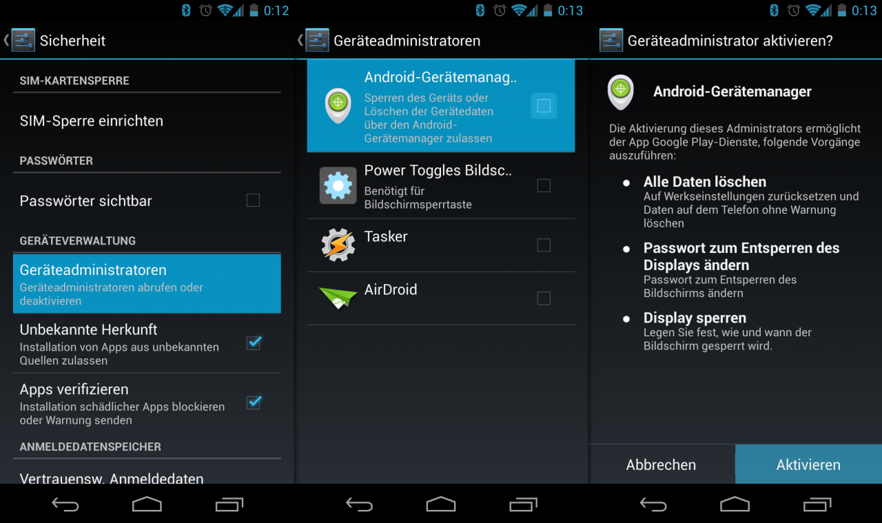 Der Android Gerätemanager muss als Geräteadministrator freigeschaltet werden.