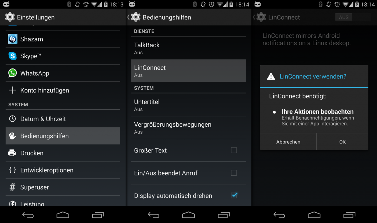 LinConnect muss als Bedienungshilfe im System aktiviert werden.
