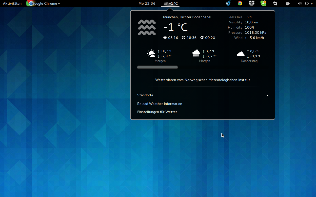 Weather blendet aktuelle Wetter-Informationen in das Top-Panel ein.