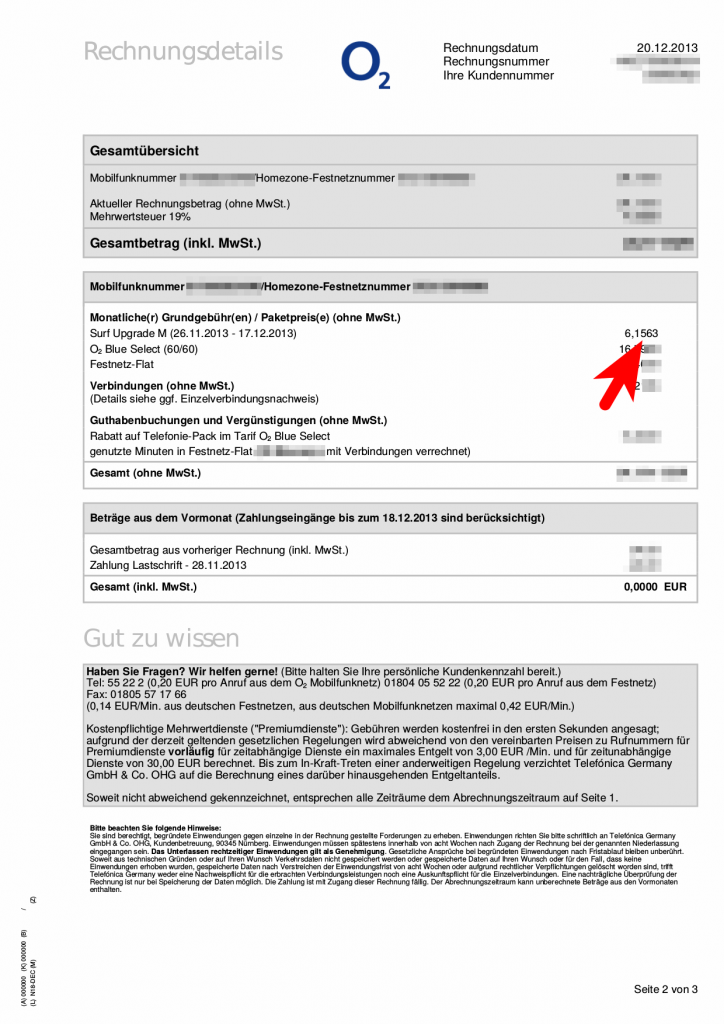 O2-Rechnung von Ende Dezember 2013.