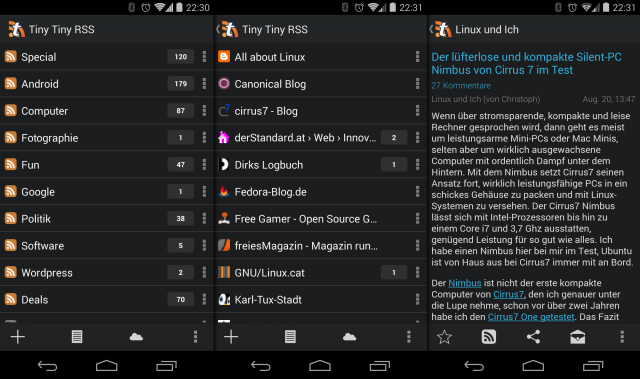 Tiny Tiny RSS als App auf dem Android-Handy.