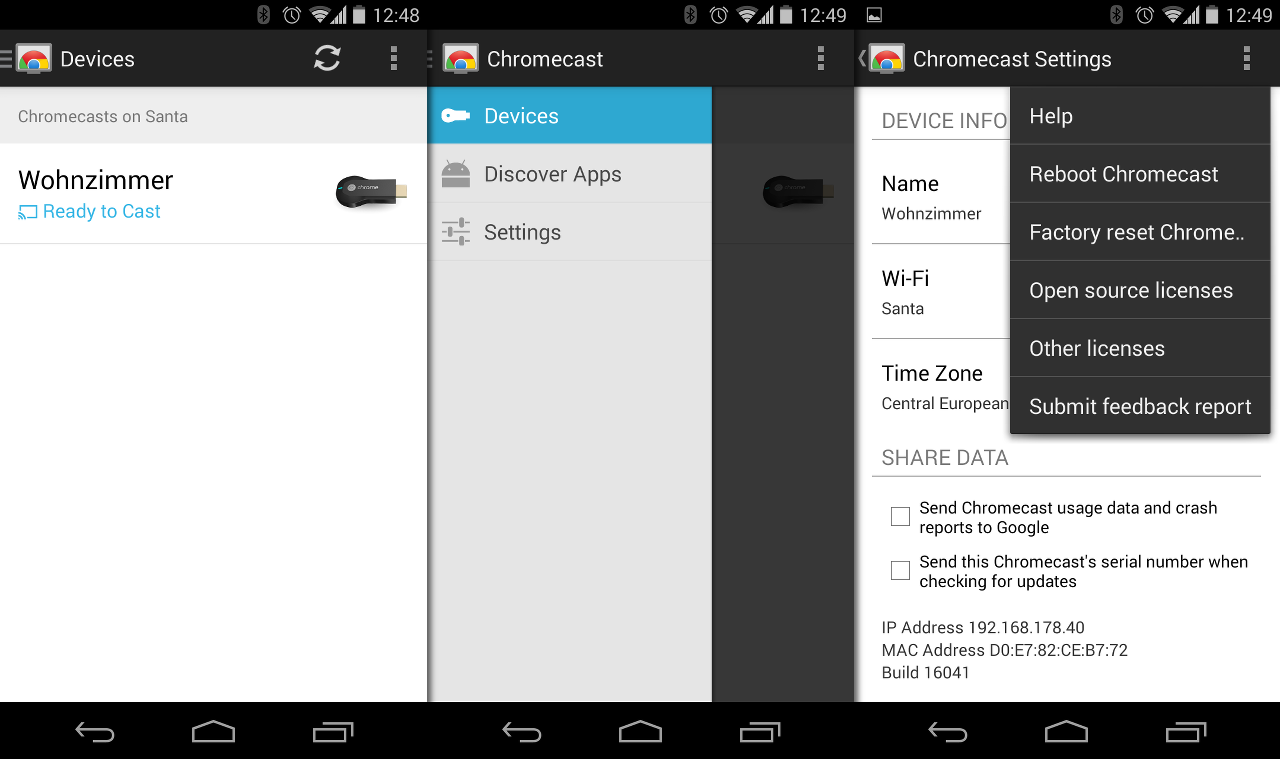 Die Chromecast-App dient nur zum Einrichten des Chromecast-Sticks im eigenen Netzwerk.