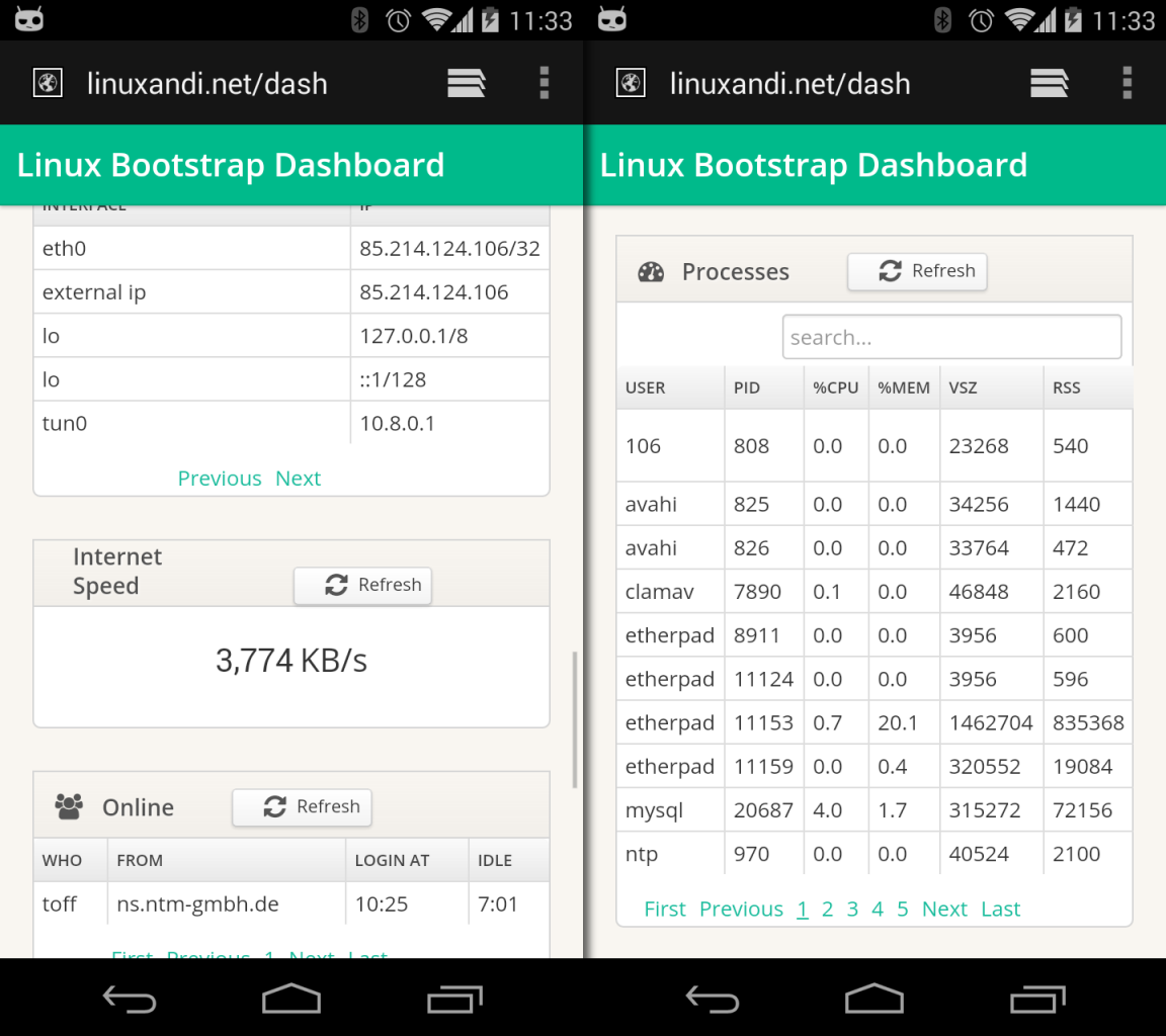 linux-dash braucht keine Handy-App, die Webseite passt sich mobilen Browsern ordentlich an.